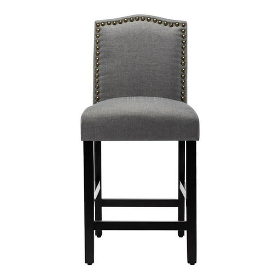 24 in. Counter Height Full Back Fabric Upholstered Bar Stool with Nailhead Trim, Grey - Set of 2