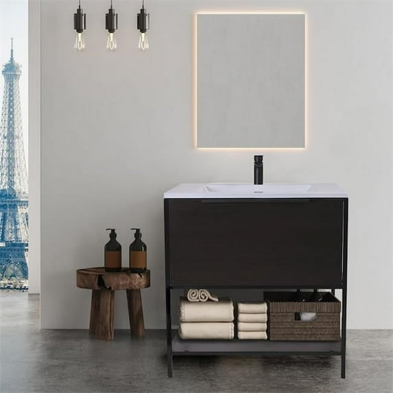 24 in. Free-Standing Single Bathroom Vanity with Soft Closing Drawer, Storage Towel Shelf & High Quality Acrylic Vanity Top, Wengue Brown