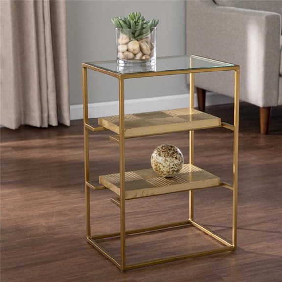 24 in. Glass & Iron Rectangular End Table with Two Shelves, Brass