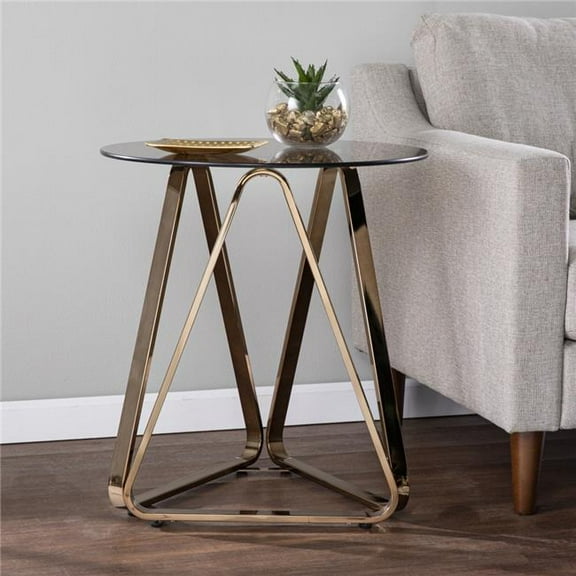24 in. Glass & Iron Round End Table, Champagne