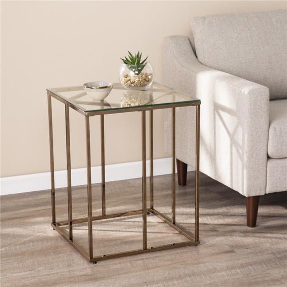 24 in. Glass & Iron Square End Table, Champagne
