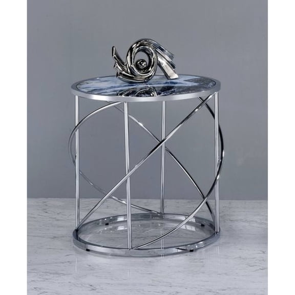 24 in. High End Table with Blue Marble Top / Chrome Metal Frame