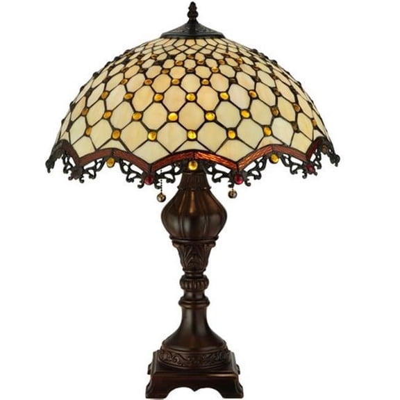 24 in. Jeweled Katherine Table Lamp - Beige Opalescent Glass with Amber Jewels and Mahogany Bronze Hardware