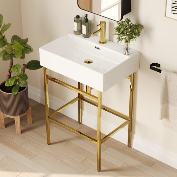 24 in. L x 17 in. W Ceramic Rectangular Bathroom Console Sink in White with Golden Legs and Overflow