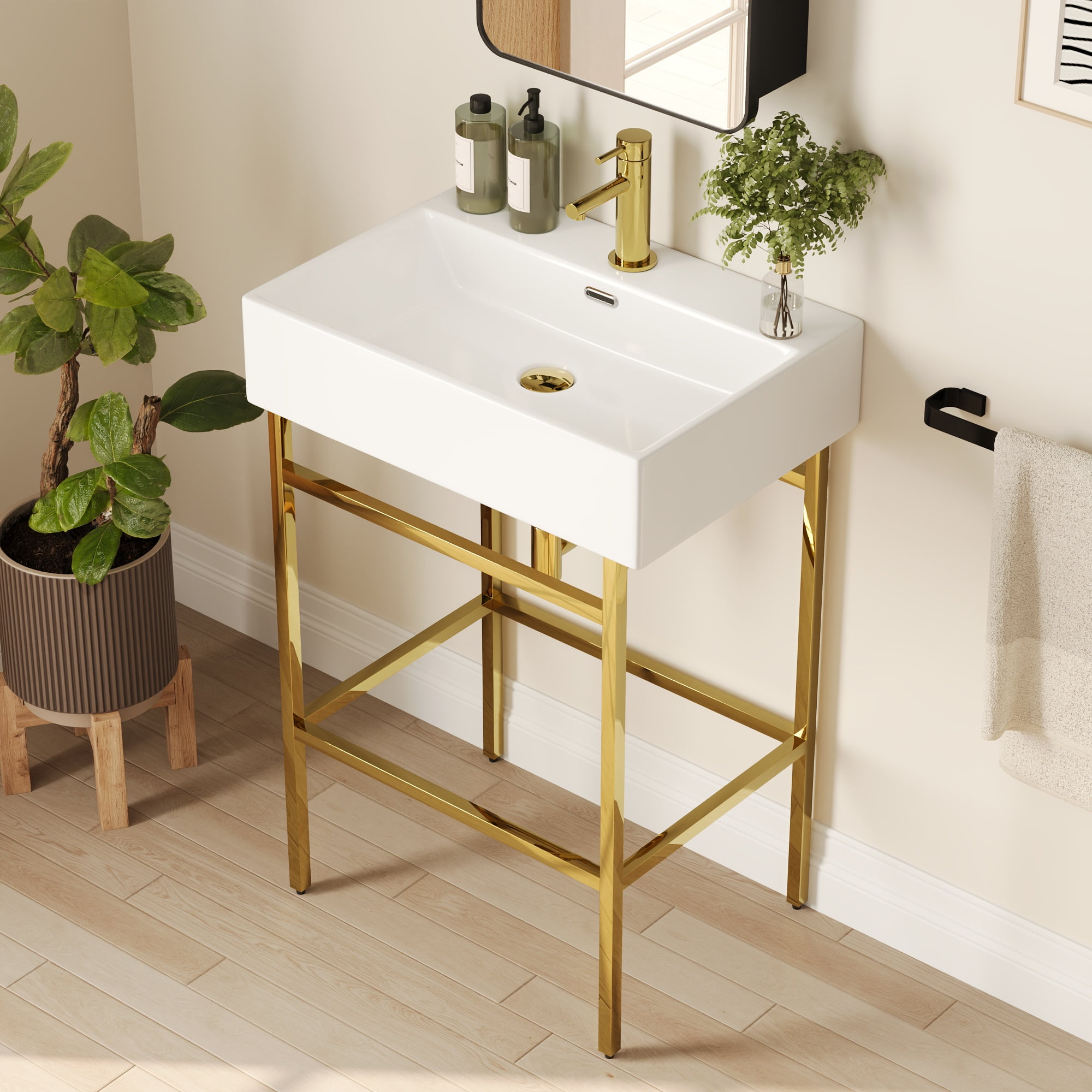 Silver Ceramic Wall-Mount Console Bathroom Sink with Stainless Steel Bracket