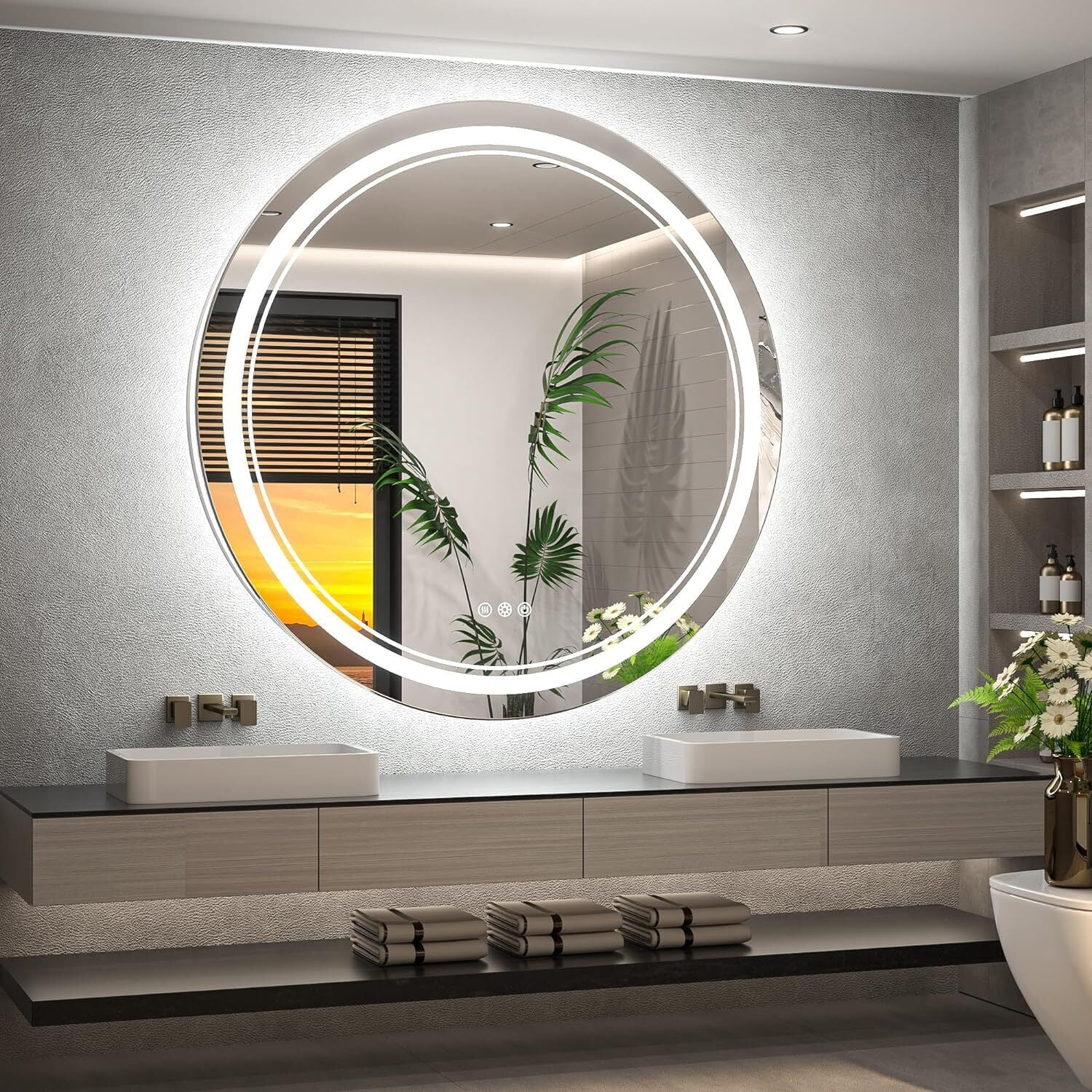 24 in Large Smart LED Bathroom Wall Mirror Lighted Round Makeup Vanity ...