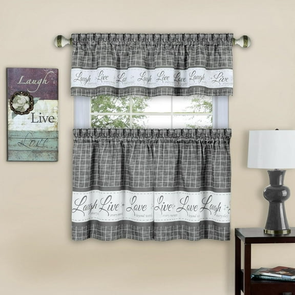 24 in. Long-Gray-Gingham Check Live Laugh Love 3 Pc Kitchen Curtain Set