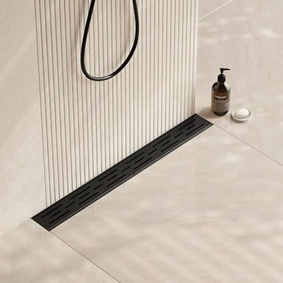 24 in Matte Black Linear Shower Drain, Rectangular Linear Drain for Shower with Brick Pattern Grate, 304 Stainless Steel Bathroom Floor Drain
