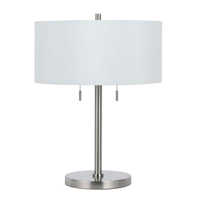 24" Nickel Metal Two Light Table Lamp with White Linen Shade