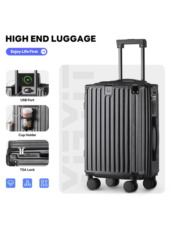 24 in PC Hard Shell Checked Baggage with Cup Holder and 360-Degree Spinner Wheels, Luggage for Travel(Black)