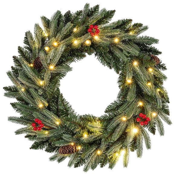 24 in Pre-Lit Christmas Wreath with 90 Frosted Branch Tips, Cedar Leaves, Pine Leaves, Red Berries, and Pine Cones