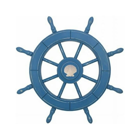 24 in. Rustic All Light Blue Decorative Ship Wheel with Seashell