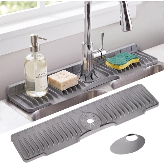 24 in Silicone Faucet Mat, 8 Sloped Self-Draining Sink Splash Guard, No-Cut Countertop Protector for Kitchen Bathroom, Gray