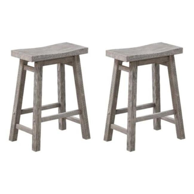 Rustic Acacia Wood Saddle Backless Counter Stools, Storm Gray - Set of 2