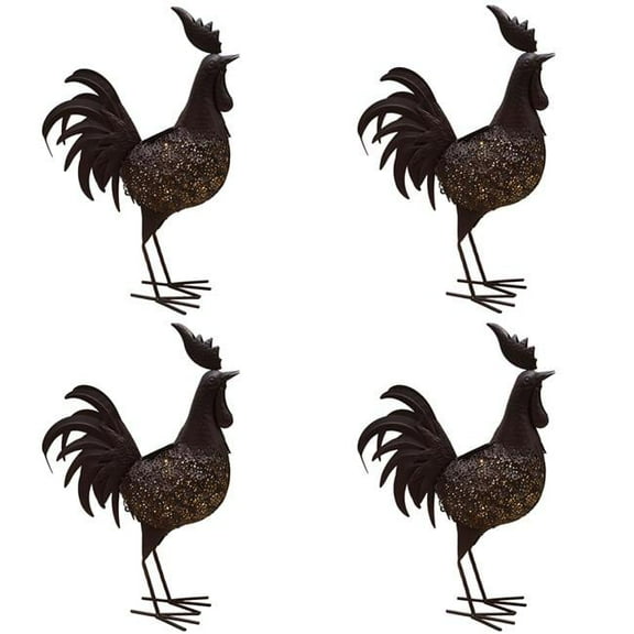 24 in. Steel Indoor & Outdoor Animal Garden Rooster Metal Bird Sculpture Statue with Solar Light & Ground Stake, Hammer Tone Bronze - Pack of 4