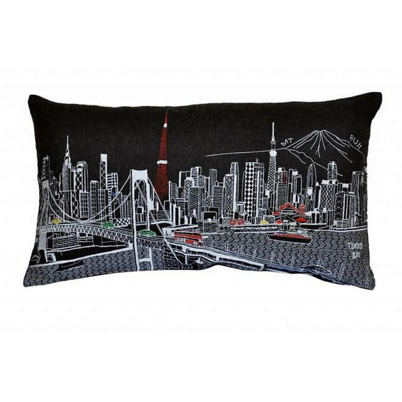 24 in. Tokyo Nighttime Skyline Lumbar Decorative Pillow, Black & Grey