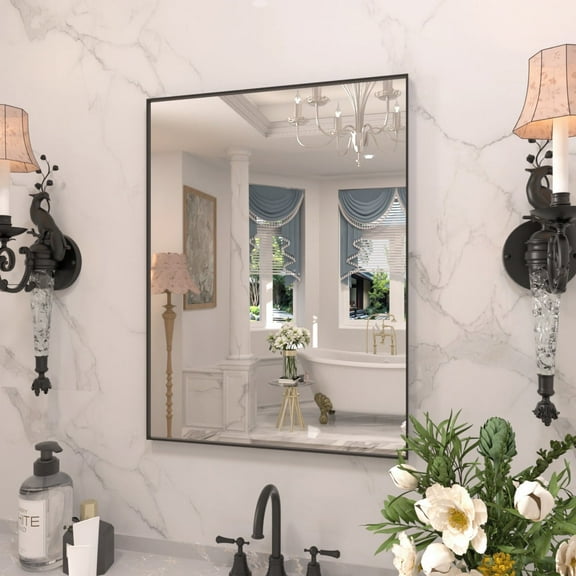 Taimei 24" Wall Mirror Bathroom Mirror Wall Mounted Round Mirror with Crystal Clear Reflection, Convenient Hanging Hooks, and Premium Copper-free Silver Construction, Anti-corrosion, Black