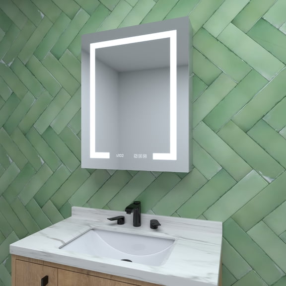 24 in. W x 30 in. H Rectangular Silver Aluminum Recessed/Surface Mount Right Medicine Cabinet with Mirror LED and Clock, ACE