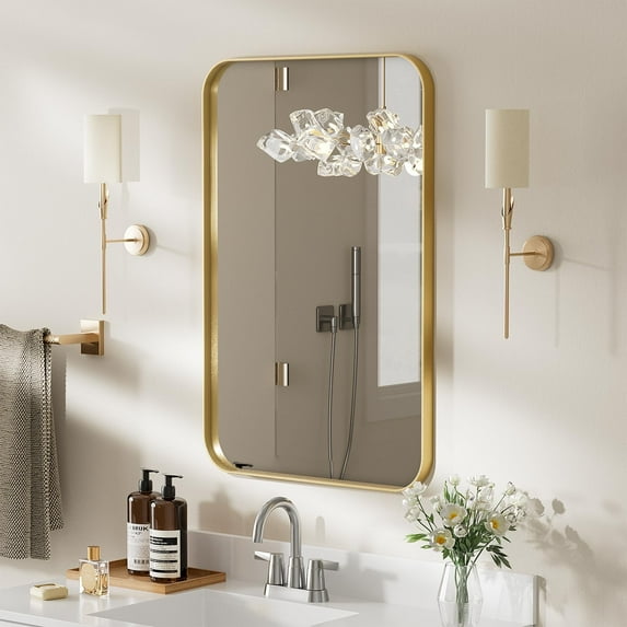24 in. W x 36 in. H Tempered Glass Rounded Rectangle Framed Wall-Mounted Bathroom Vanity Mirror in Gold