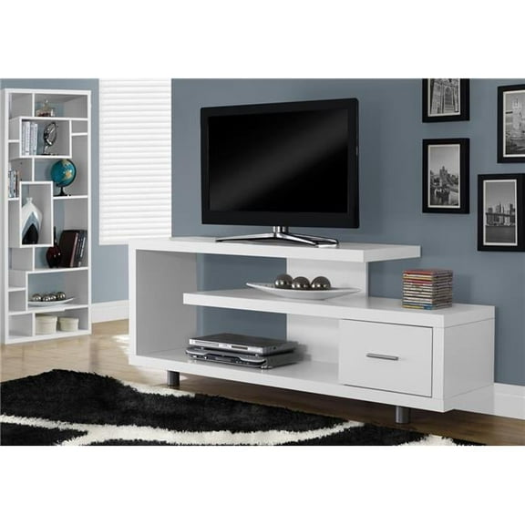 24 in. White Particle Board, Hollow Core, Silver Metal TV Stand with a Drawer
