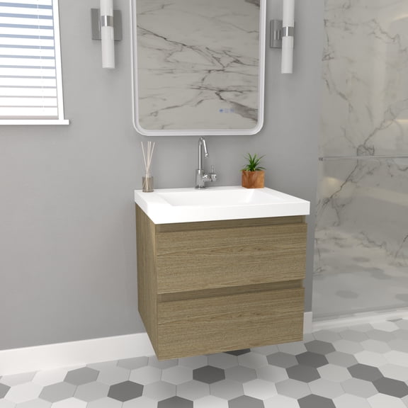 24 in wall mounted bathroom vanity with White sink, Two drawers with soft-close, Natural Oak finish