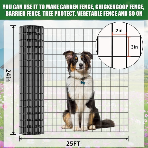 24 in x 25 ft Heavy-Duty Black PVC Coated Welded Wire Mesh Fence for Garden, Yard, Dog & Poultry
