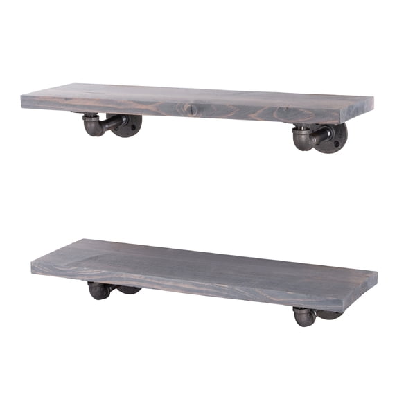 24 in. x 7.5 in. x 6.75 in. Riverstone Grey Restore Wood Wall Shelving with Industrial Steel Pipe L- Brackets