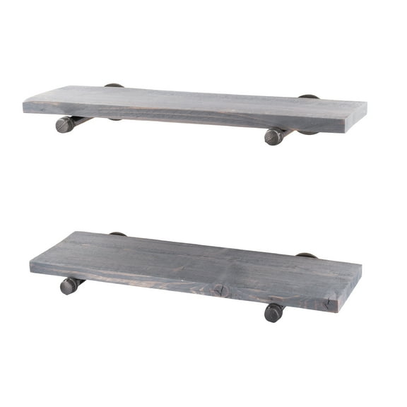 24 in. x 7.5 in. x 6.75 in. Riverstone Grey Restore Wood Wall Shelving with Industrial Steel Pipe Straight Brackets