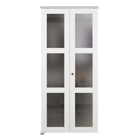 24 in. x 80 in. 3 Lite Frosted Glass Solid Core White Composite Bi-Fold Door with Hardware Kit and Door Handle