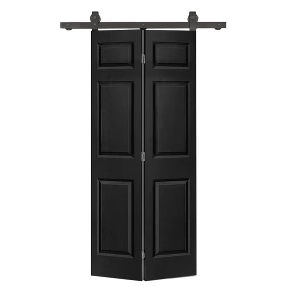 24 in. x 80 in. 6-Panel Black Painted MDF Composite Bi-Fold Barn Door with Sliding Hardware Kit