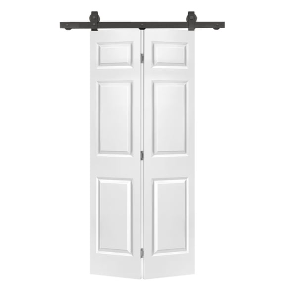 24 in. x 84 in. 6-Panel White Painted MDF Hollow Core Composite Bi-Fold Barn Door with Sliding Hardware Kit