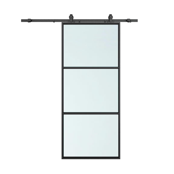 24 in. x 84 in. Full Lite Frosted Glass Black Steel Assembly Required Sliding Barn Door with Hardware Kit