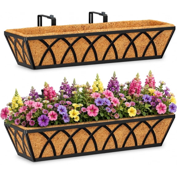 24 inch 2 Pack Railing Planter Boxes, Heavy Duty Window Box Planters, Adjustable Balcony Planters for Hanging, with Coco Liner & Support Rod Deck, Porch, and Patio Gardening
