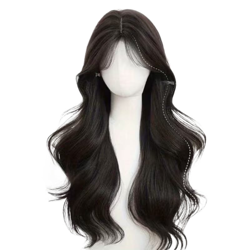 24-inch 240g heat-resistant synthetic wig medium-length wavy bangs black brown elegant women's daily wear wig