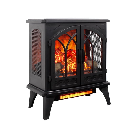 24 inch 3D Flame Electric Infrared Quartz Fireplace Stove with Remote Control for Living Room, Antique Black Freestanding Heater with Double Doors, 1500W