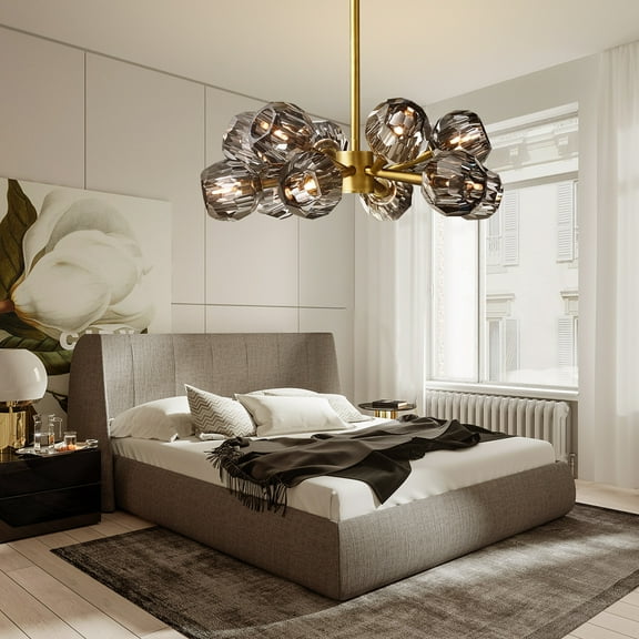 24-inch Antique Bronze Crystal Chandelier - 12 Smoked Glass Shades with G9 5W Bulbs Included, 23.6" Fixed Rod for Dining Room