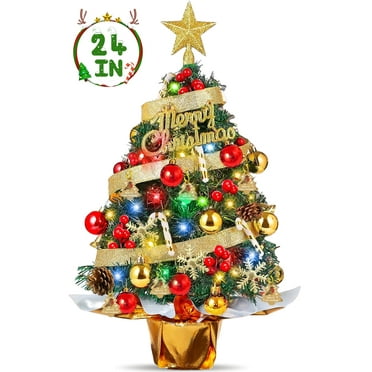 24-inch Artificial Tabletop Christmas Tree, Prelit Decorated Ornaments Balls Xmas Tree with Colorful LED Lights for Xmas Home Office Party Decor
