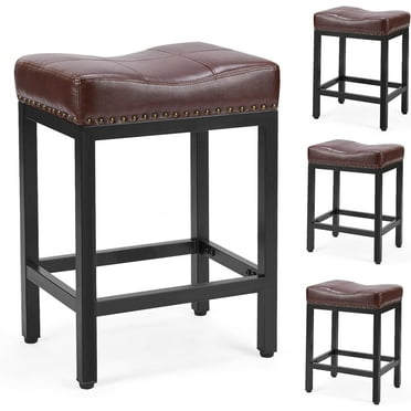 24 inch Bar Stools Set of 4, Upholstered Modern Counter Height Bar Stools for Kitchen Island Modern PU Leather Stools Chair with Metal Base and Footrest, Brown