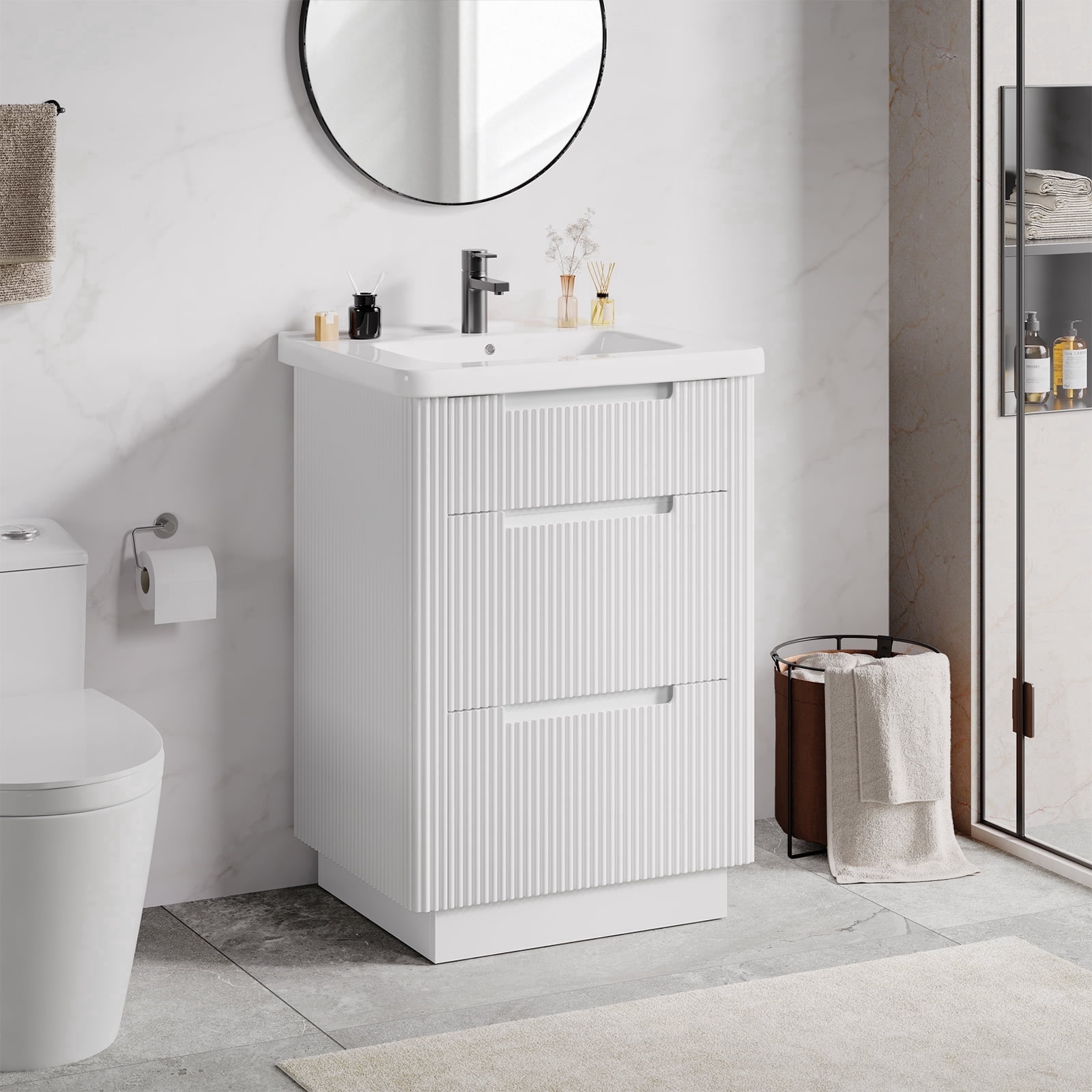 24 inch Bathroom Vanity with Ceramic Sink, Modern Floor Vanity Sink Cabinet with 3 Drawers, Fluted Free Standing Bathroom Storage Cabinet with Sink Combo Set, White