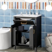 24-inch Bathroom Vanity Combo with Ceramic Sink, 2 Soft-Close Doors & Drawer, Gold and White Freestanding Cabinet with Adjustable Shelf for Small Spaces