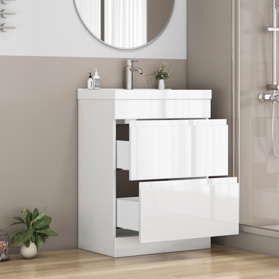 24-inch Bathroom Vanity With Sink Combo, 2 drawers Bathroom Cabinet,Quickly Assemble Free Standing Bathroom Cabinet, Soft-Close System,Unique Thick-Edged Ceramic Basin,Handle free design,Glo