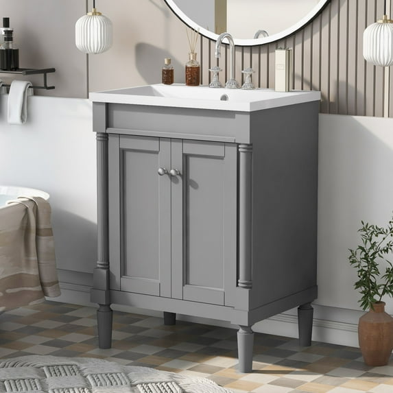 24'' Bathroom Vanity with Top Sink, 2-Tier Modern Bathroom Storage Cabinet, Single Sink Bathroom Vanity with Large Storage Shelves, Grey