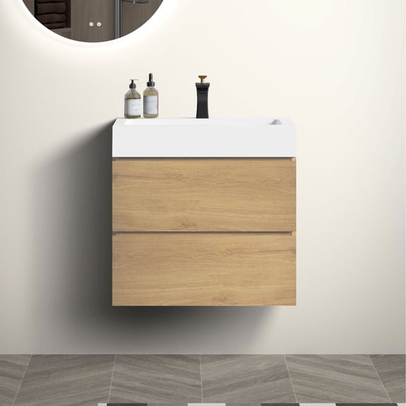 24 - inch Bathroom Vanity in Natural Oak Finish Wall - Mounted with White Sink for Modern Spaces Quiet Drawer Closing