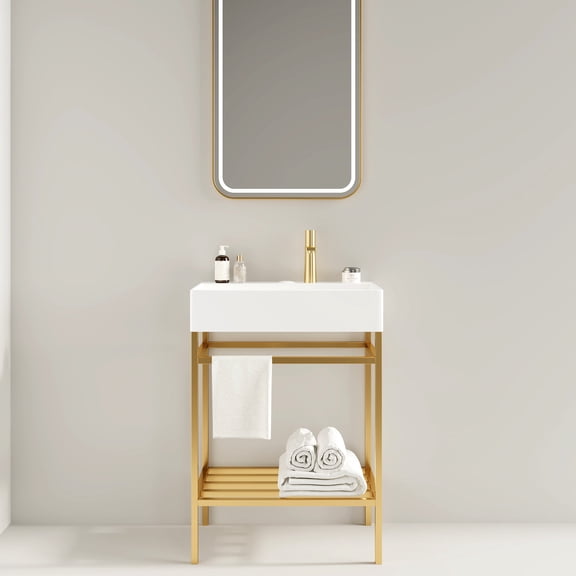 24-inch Bathroom Vanity with Integrated Ceramic Basin and Gold Storage for Enhanced Bathroom Functionality
