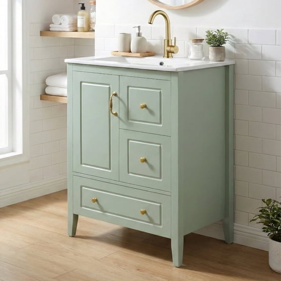 24 inch Bathroom Vanity with Sink, One Cabinet with Soft-closing Door, 3 Soft-closing Drawers, Retro Metal Handles, Green