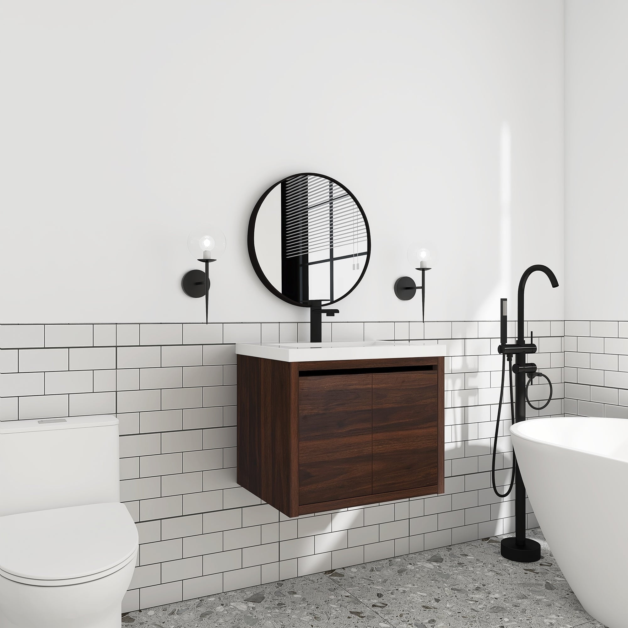 24 inch California Walnut Bathroom Vanity with White Resin Top