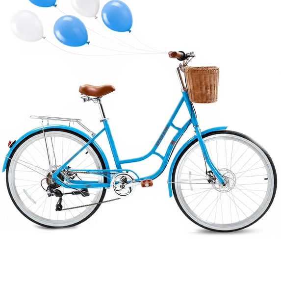 24 inch Beach Cruiser Bike for Women, Akaber 7 Speed Womens Commuter Bicycle with Rattan Basket, Lightweight Adults Bikes, Blue