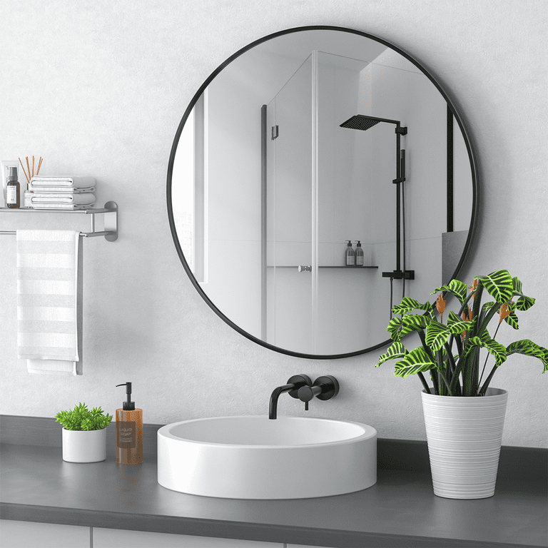 24 Inch Round Mirror with Black Metal Frame and Pure Silver Backing, Circle  Bathroom Mirror for Over Sink, Round Mirror for Wall Decor, Modern Bathroom  Vanity Mirror for Entryway, Living Room 