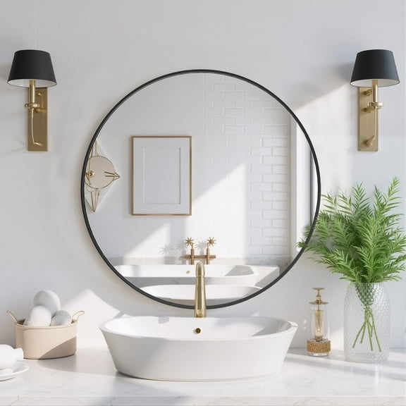 24 inch Black Round Wall Mirror, Modern Metal Frame Circle Mirror for Bathroom, Living Room, Entryway, Vanity, Hallway Decor