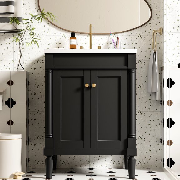 24-inch Black Vanity Cabinet - Two-Tier Storage with Metal Handles - Bathroom Neatness - Soft-Closing Feature
